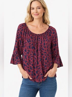 Michael Kors Navy Peasant Blouse with Red Chain Design